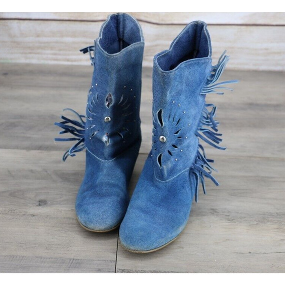 VINTAGE Armadillos SUNBURST Womens Size 7.5 M Suede Fringe Pull On Boots Blue - Picture 2 of 7